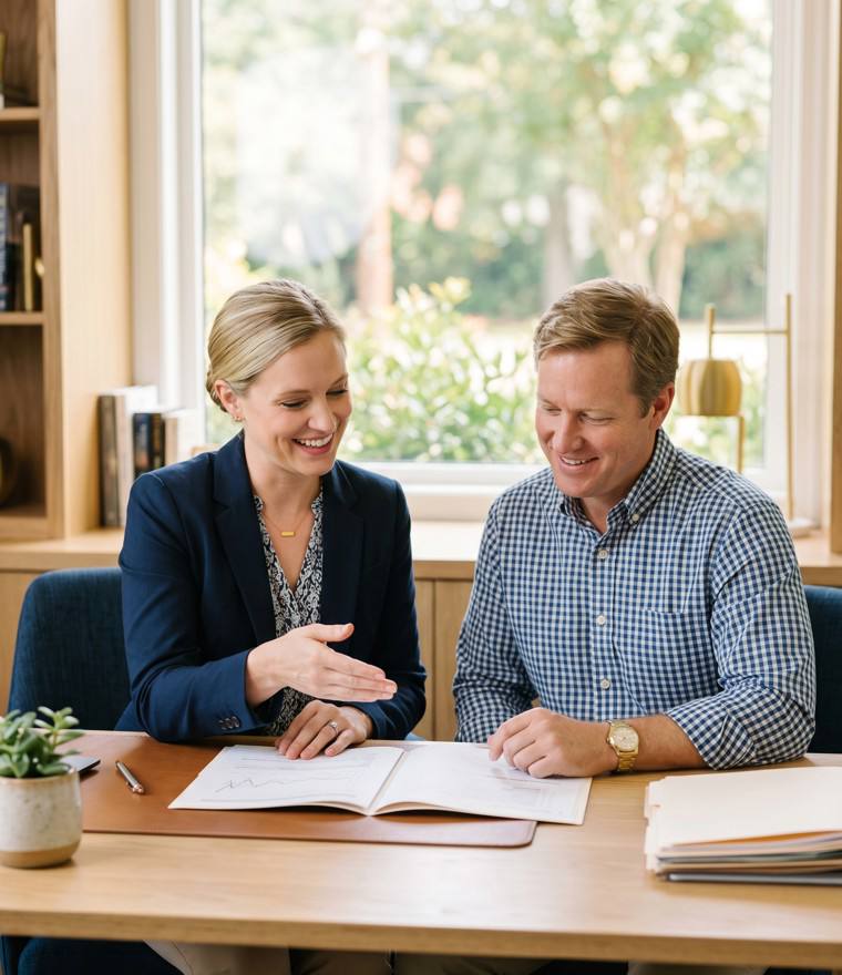Hero — advisor & client smiling together at a desk