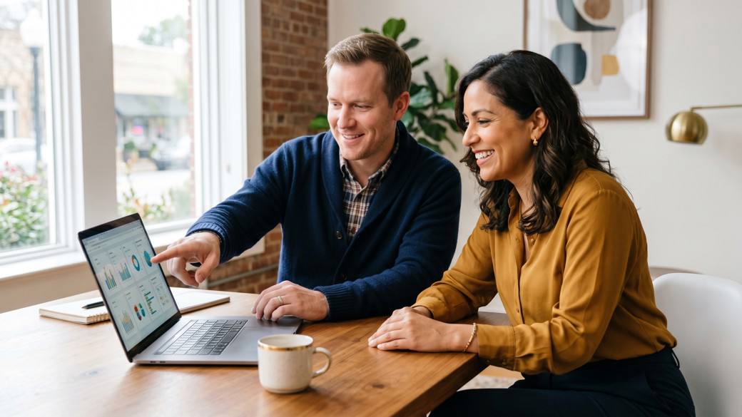Smiling business owner happily reviewing clean books with their bookkeeper