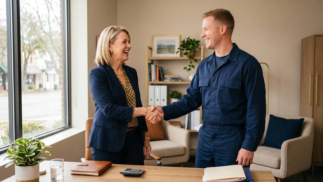 Smiling firefighter and family shaking hands with their accountant
