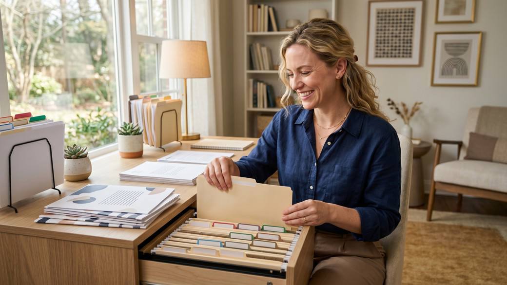 Relieved, happy client smiling with neatly organized tax paperwork