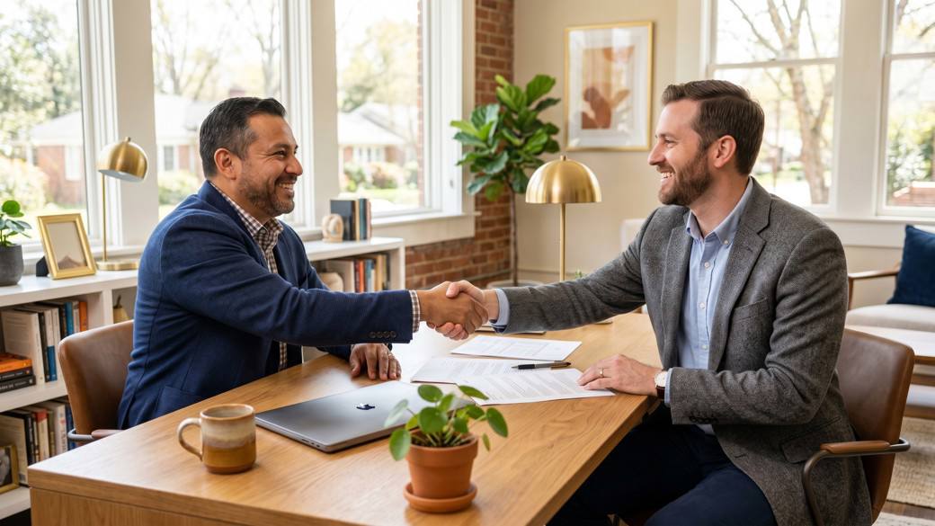 Smiling small-business owner shaking hands with their EIB advisor