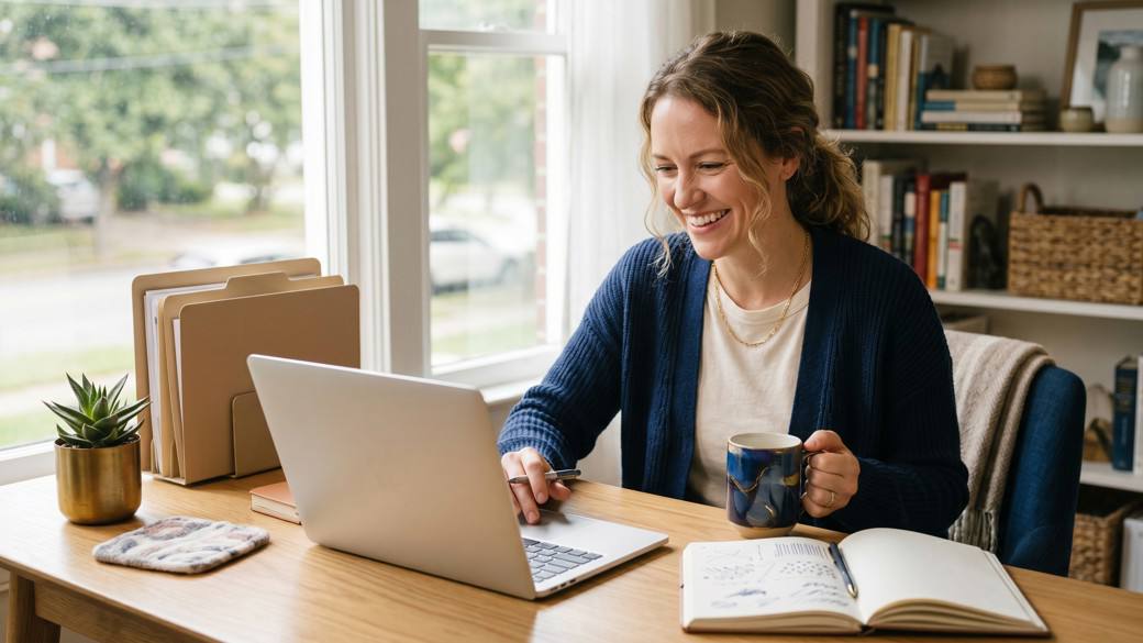 Cheerful freelancer smiling while working at a laptop with coffee