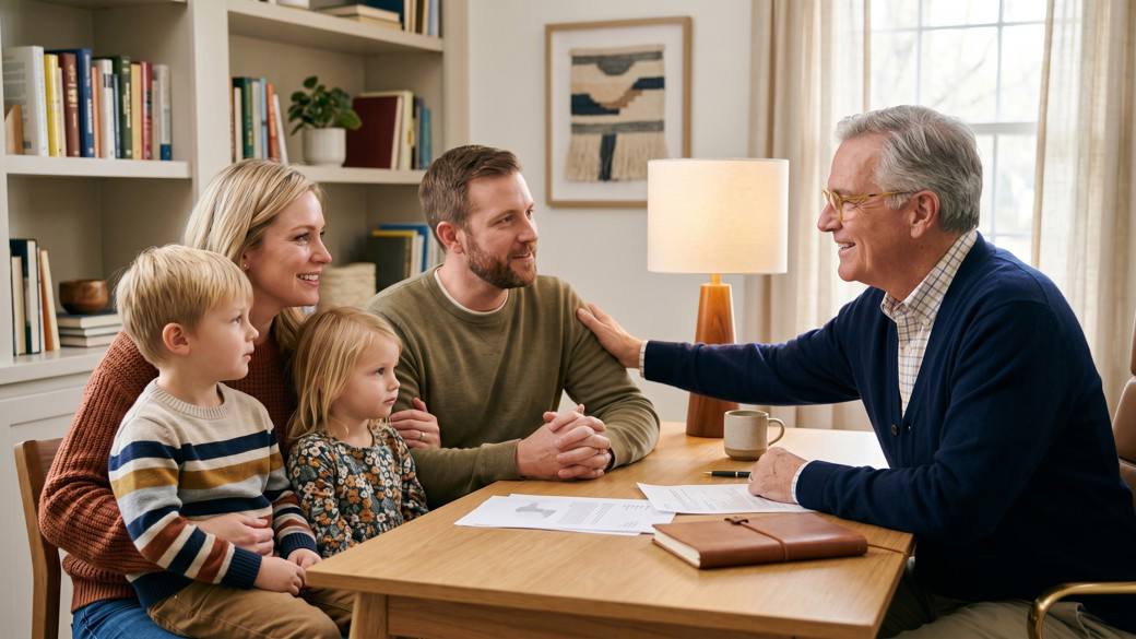 Warm, caring advisor reassuring a grateful, relieved family