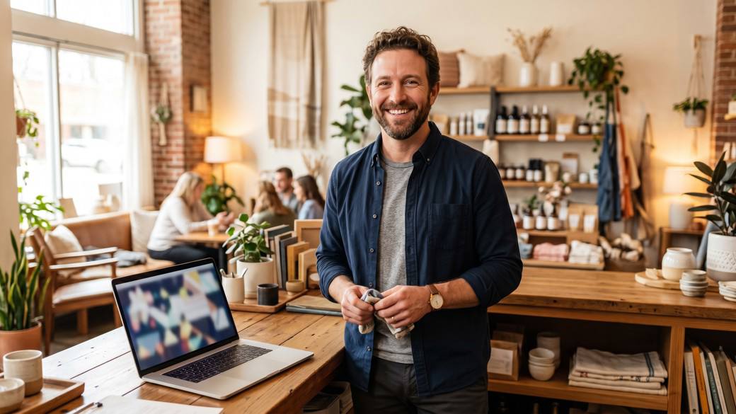Happy small-business owner smiling at the counter of their shop