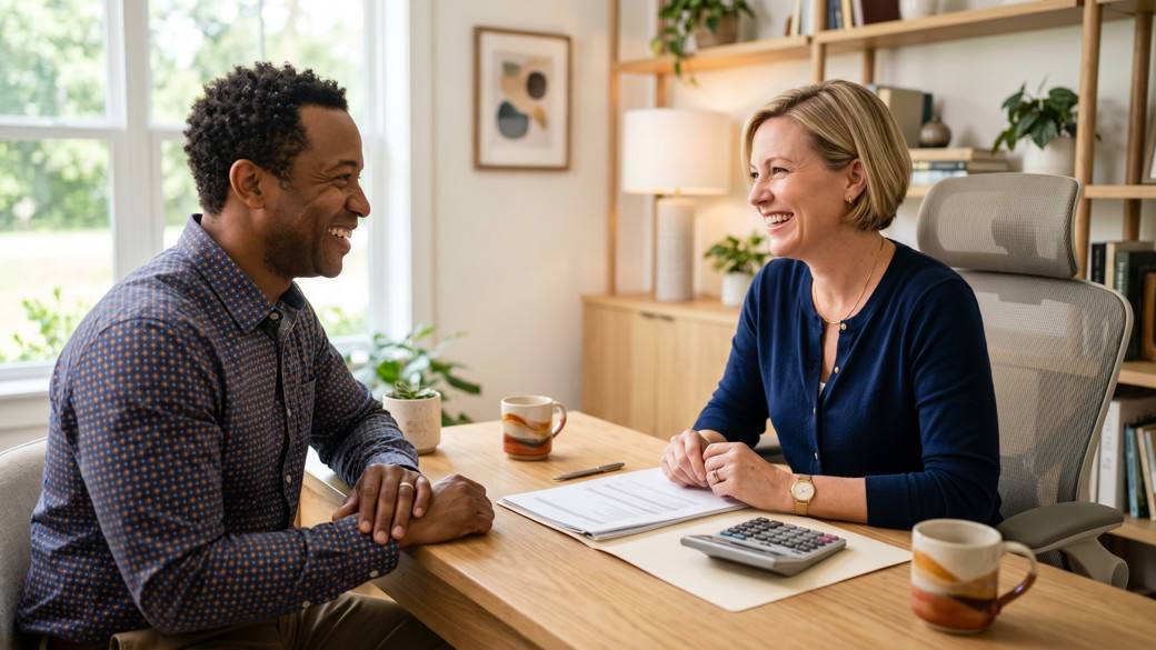 Happy client smiling across the desk during a friendly tax appointment