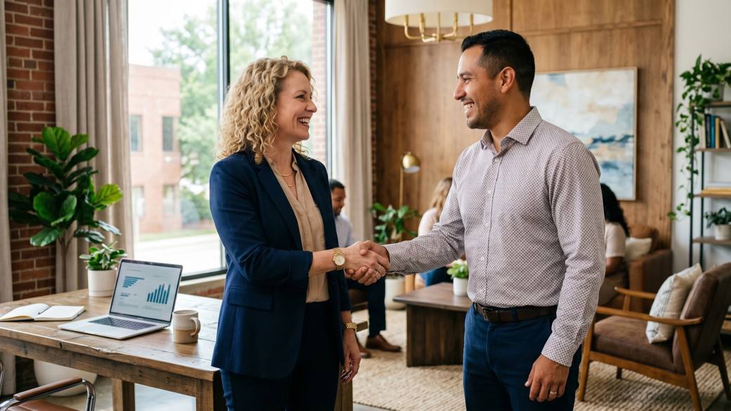 Smiling business owner welcoming a happy new team member