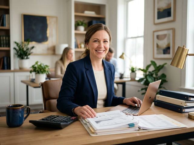Accountant reviewing tidy monthly books with a relaxed client