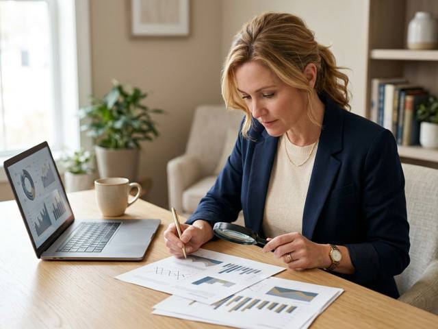 Forensic accountant analyzing documents with focus