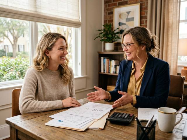 Happy individual reviewing their finished tax return with an advisor